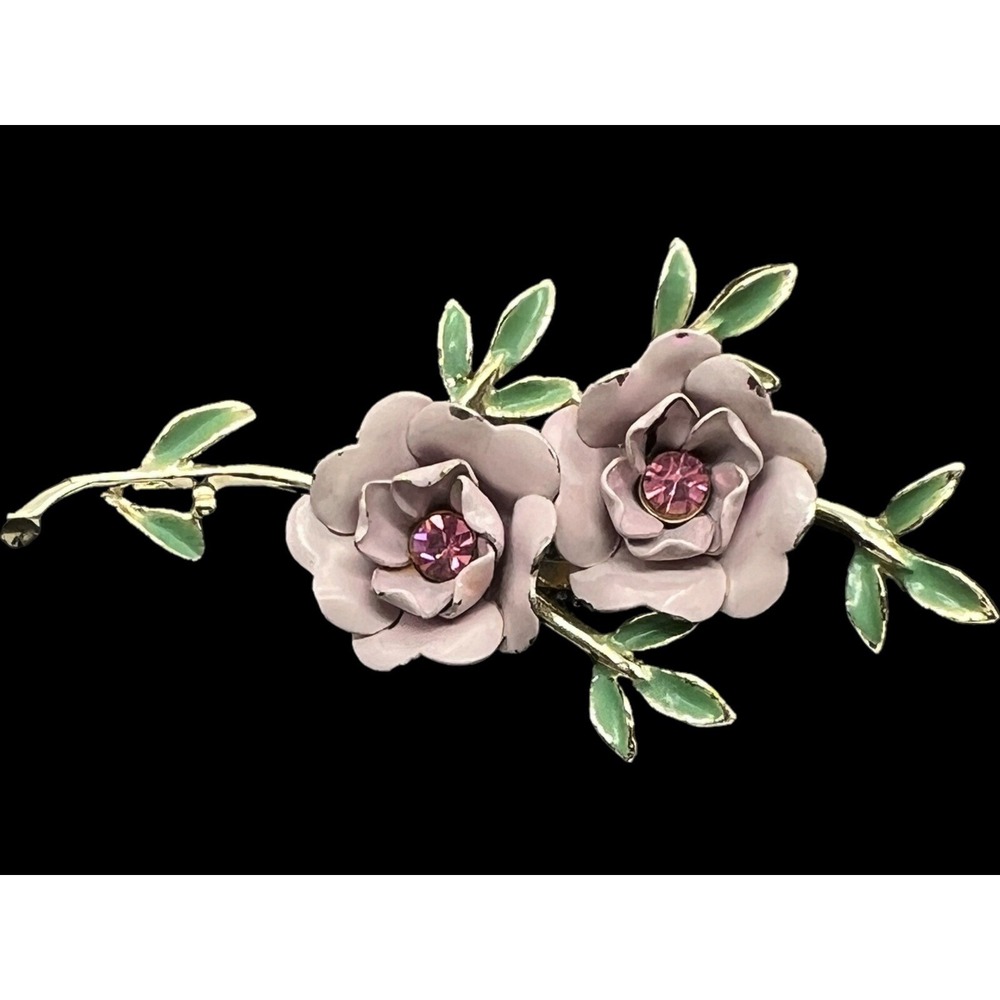 Vtg Enamel Leaf Roses Flower Pin Brooch Light‎ Purple  Green Pink Rhinestone